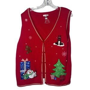 White Stag Womens XXL Red Christmas Sweater Vest Reindeer Snowman Tree